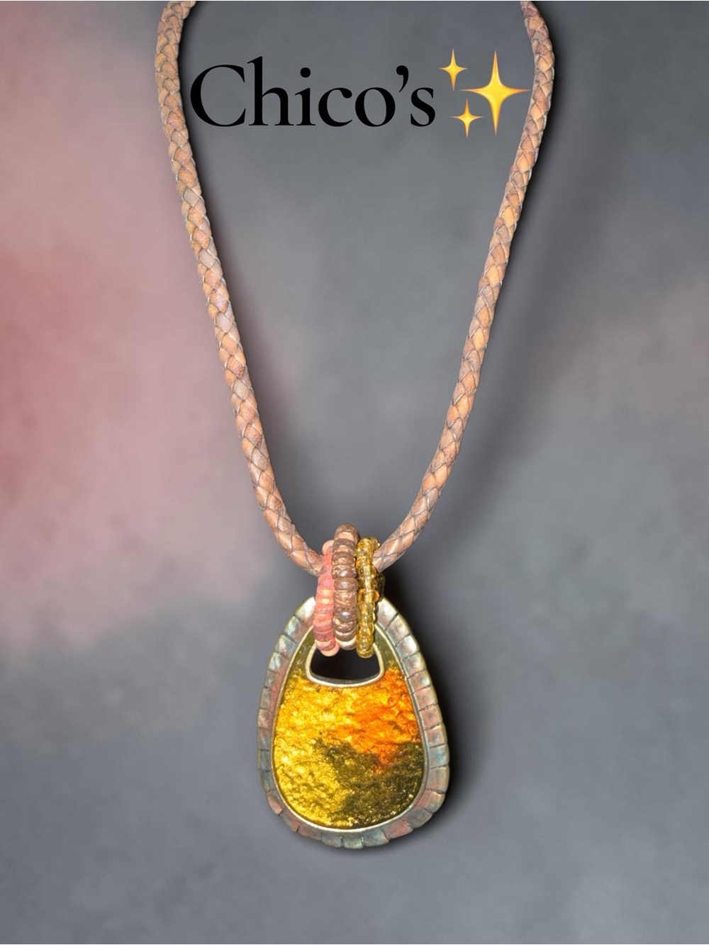 Chico's Boho Statement Pendant Necklace Leather Cord Amber Gold 18" + Extender